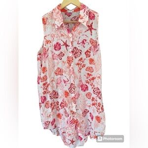 Sigrid Olsen Linen Sleeveless button down tunic shirt white coral sealife Size S